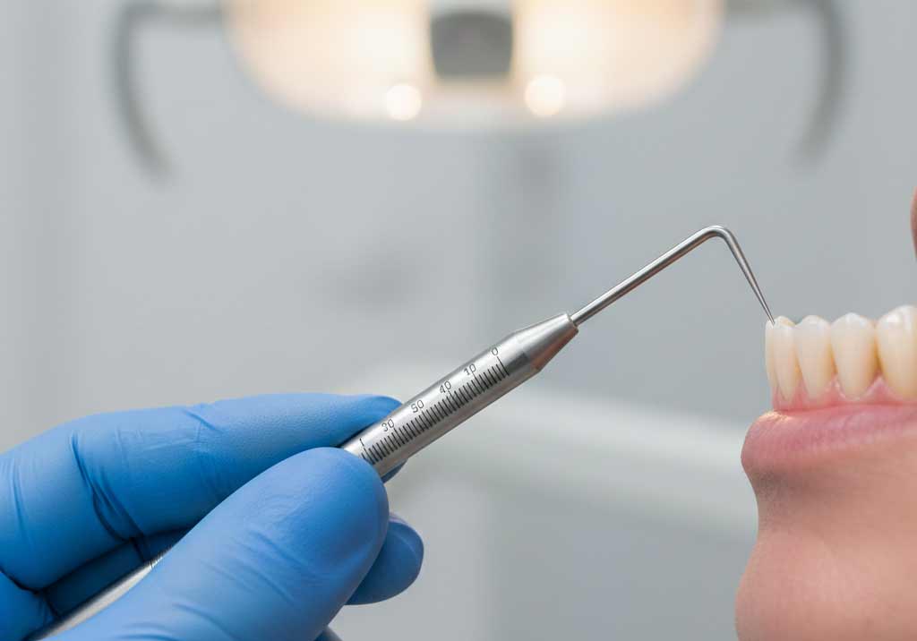 klinika-b2-tratamiento-periodontal primer plano de encía inflamada alrededor de dientes delanteros en exploración dental.