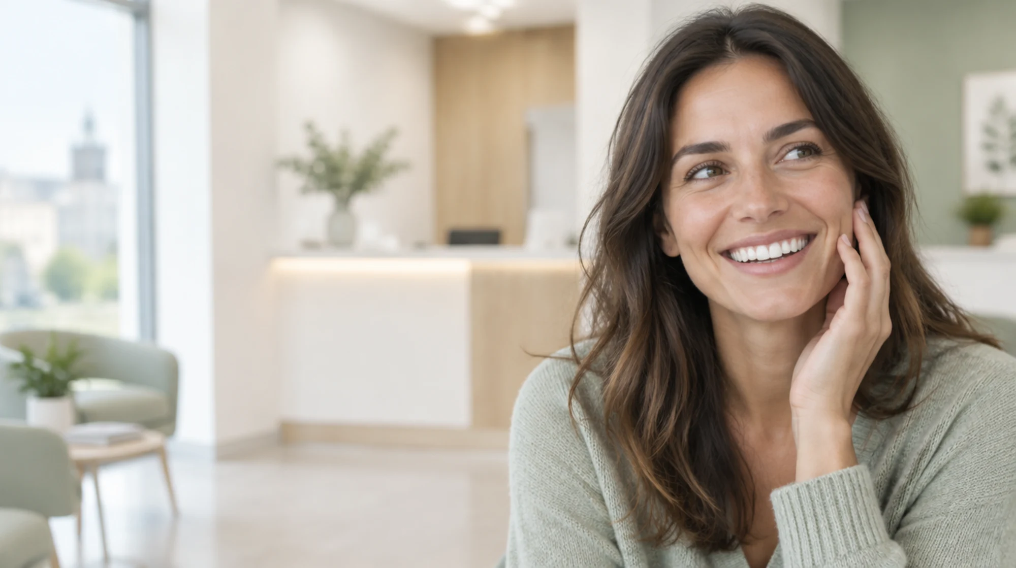 Mujer sonriendo en una clínica dental de Vitoria con dientes blancos tras un blanqueamiento dental, clave de cuánto cuesta